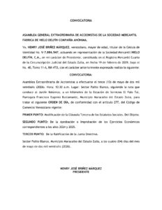 Convocatoria General Extraordinaria de Accionistas Fábrica de Hielo Delfín, C.A