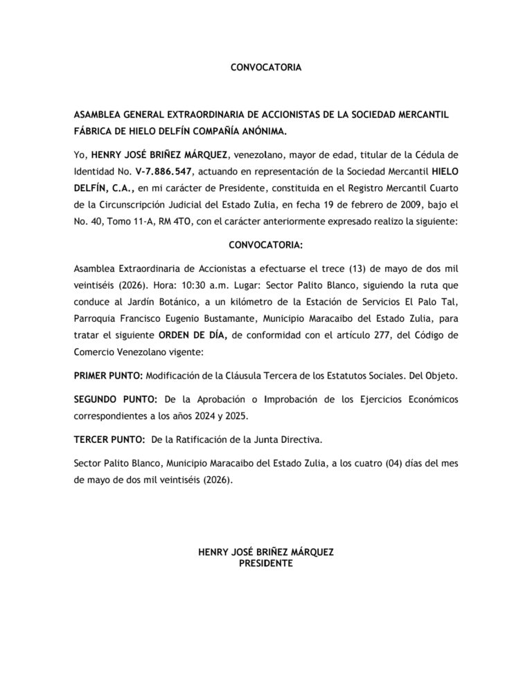 Convocatoria General Extraordinaria de Accionistas Fábrica de Hielo Delfín, C.A
