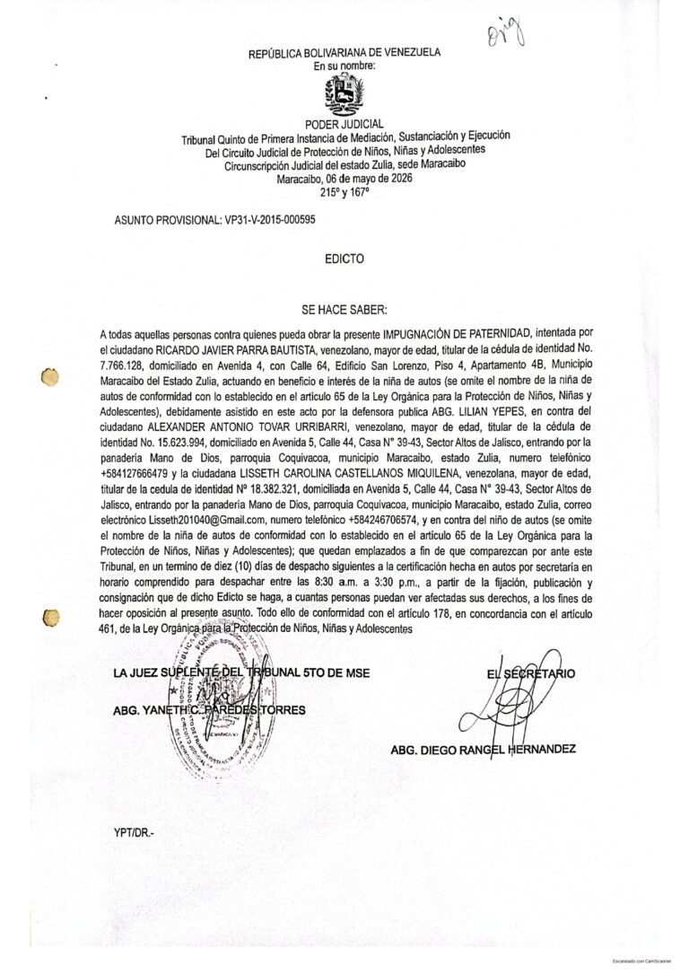 Edicto Asunto Provisional VP31-V-2015-000595