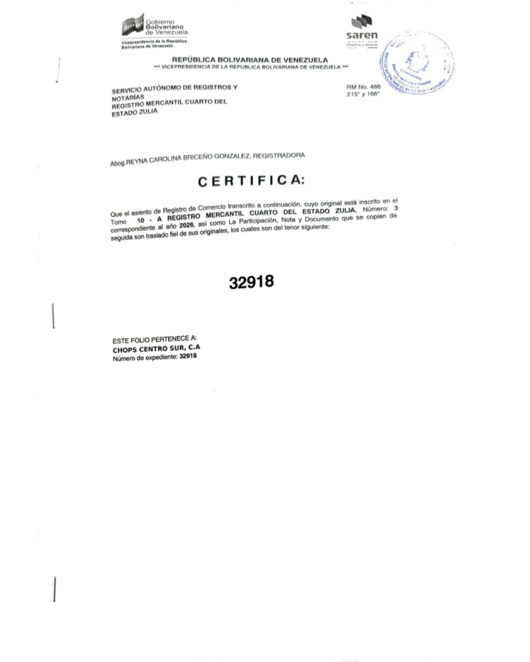 Registro Mercantil Chops Centro Sur, C.A Expediente Nro 32918