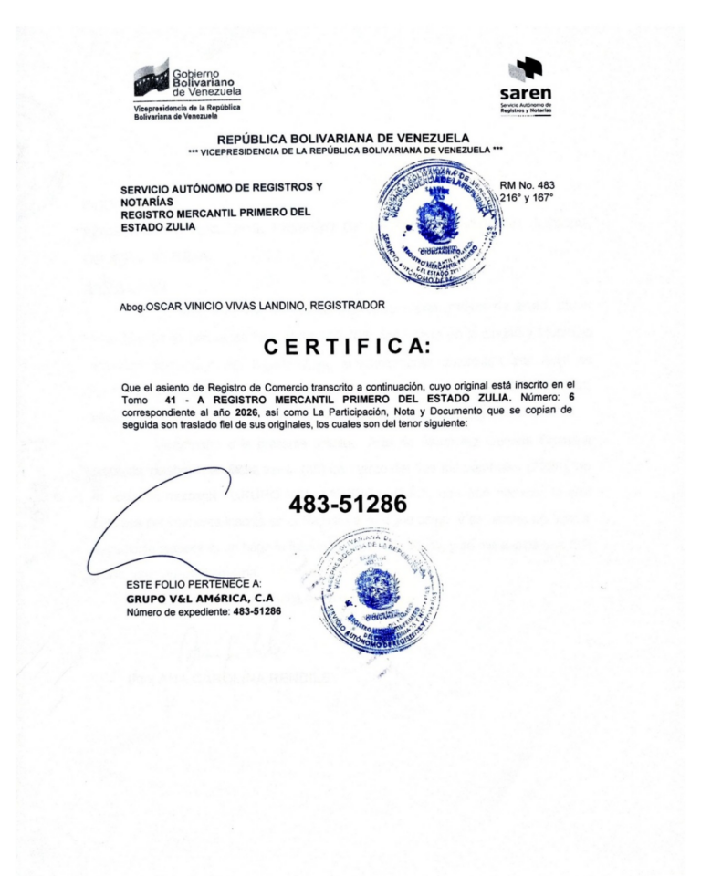Registro Mercantil Grupo V&L América, C.A Expediente Nro 483-51286