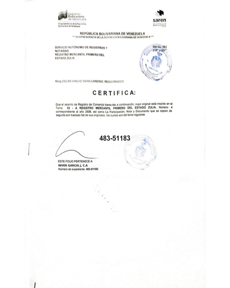Registro Mercantil Inversiones García J, CA Expediente Nro 483-51183