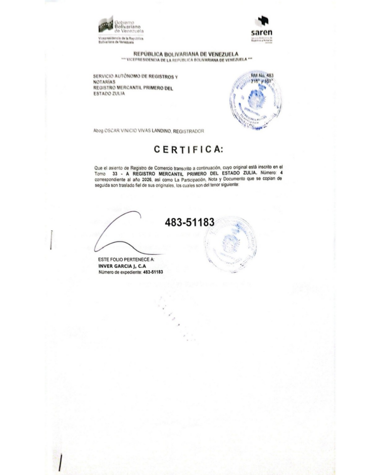 Registro Mercantil Inversiones García J, C.A Expediente Nro 48351183