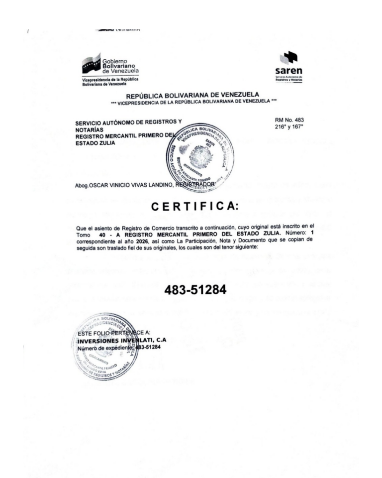 Registro Mercantil Inversiones Invenlanti, C.A Expediente Nro 48351284