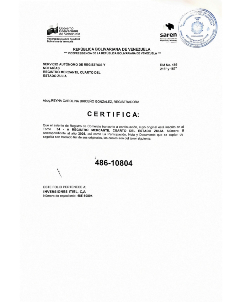 Registro Mercantil Inversiones Itiel, C.A Expediente Nro 486-10804