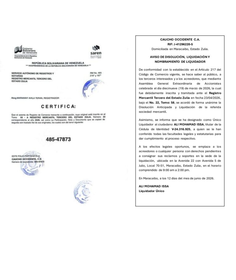 Aviso de Disolución, Liquidación y Nombramiento de Liquidador Caucho Occidente, C.A