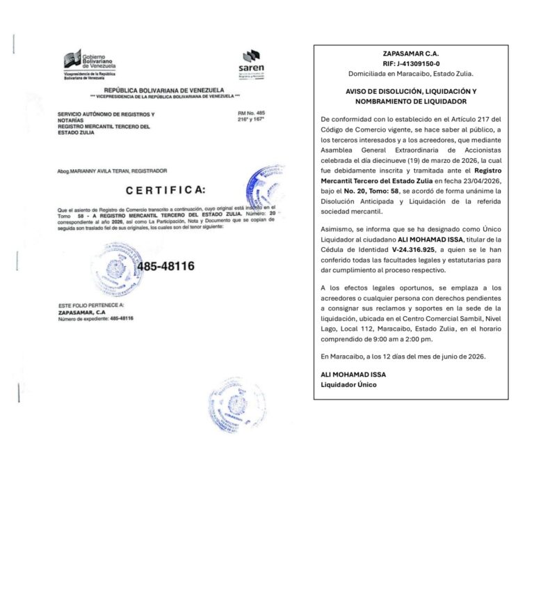 Aviso de Disolución, Liquidación y Nombramiento de Liquidador Zapasamar, C.A