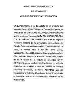 Aviso de Disolución y Liquidación AGV Comercializadora, C.A Expediente Nro 485-59900