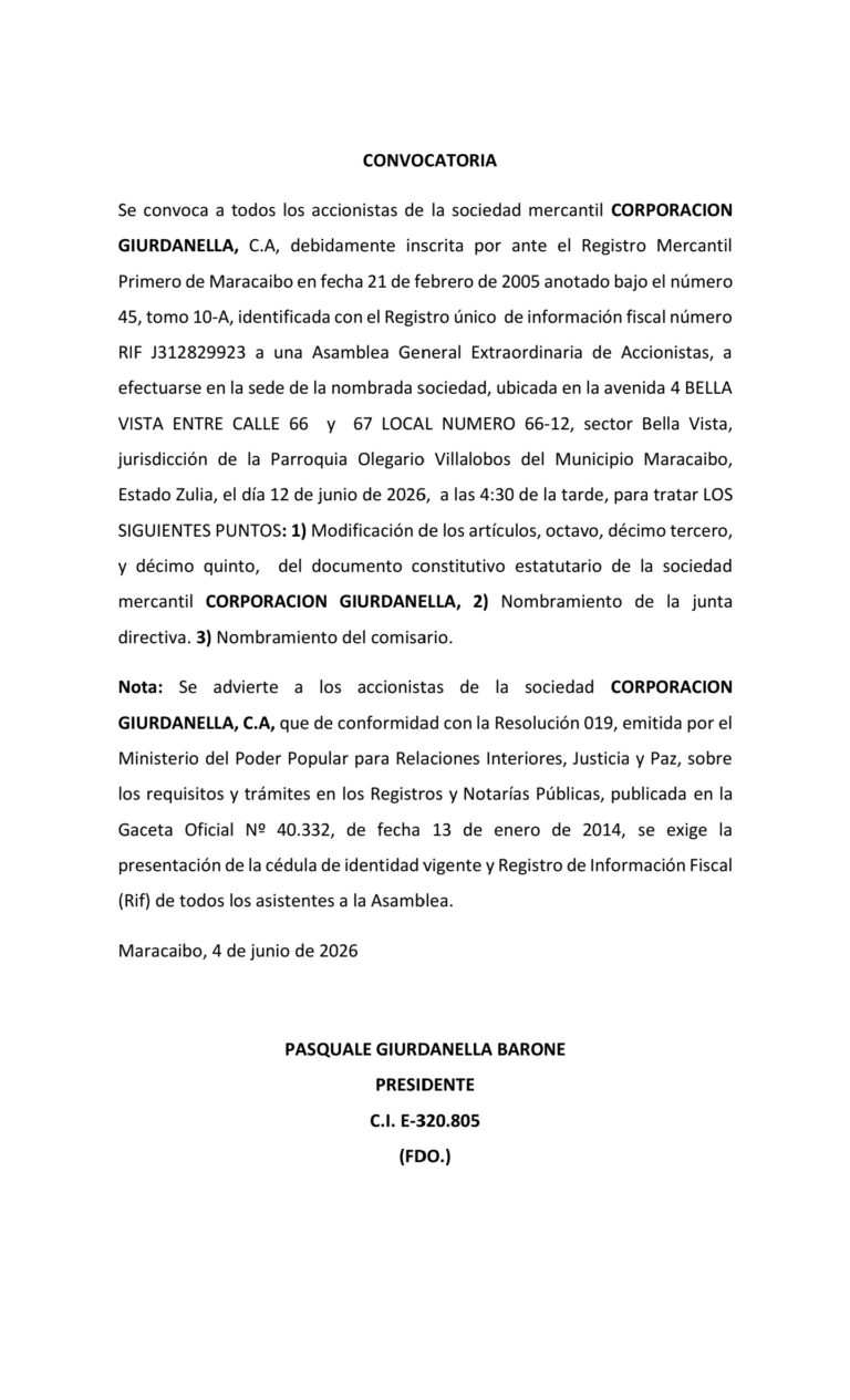 Convocatoria Asamblea Extraordinaria de Accionistas Corporación Giurdanella, C.A