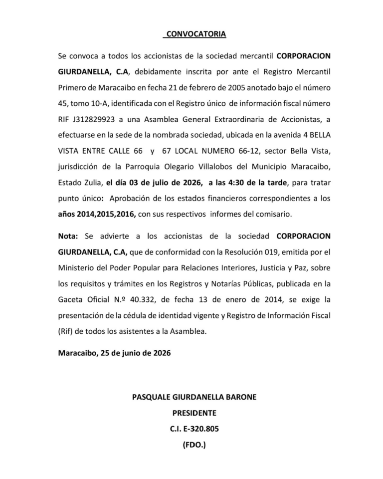 Convocatoria Asamblea General Extraordinaria de Accionistas Corporación Giurdanella, C.A