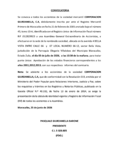 Convocatoria Asamblea General Extraordinaria de Accionistas Corporación Giurdanella, C.A