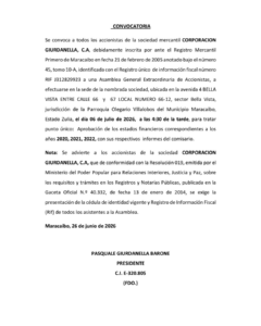 Convocatoria Asamblea General Extraordinaria de Accionistas Corporación Giurdanella, C.A