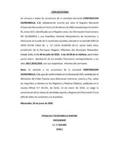 Convocatoria Asamblea General Extraordinaria de Accionistas Corporación Giurdanella, C.A