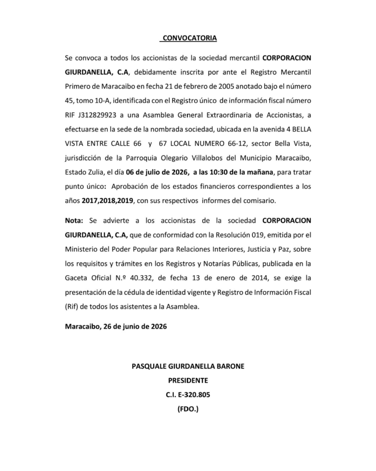 Convocatoria Asamblea General Extraordinaria de Accionistas Corporación Giurdanella, C.A