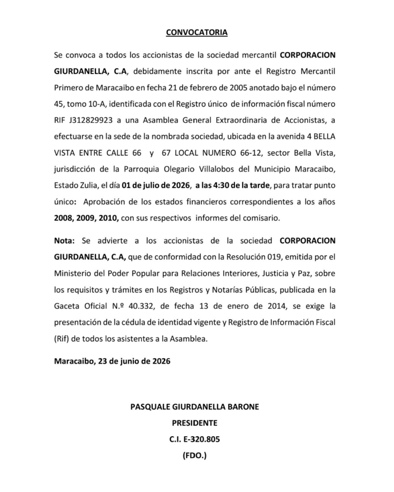 Convocatoria Asamblea General Extraordinaria de Accionistas Corporación Giurdanella, C.A