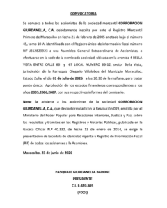 Convocatoria Asamblea General Extraordinaria de Accionistas Corporación Giurdanella, C.A