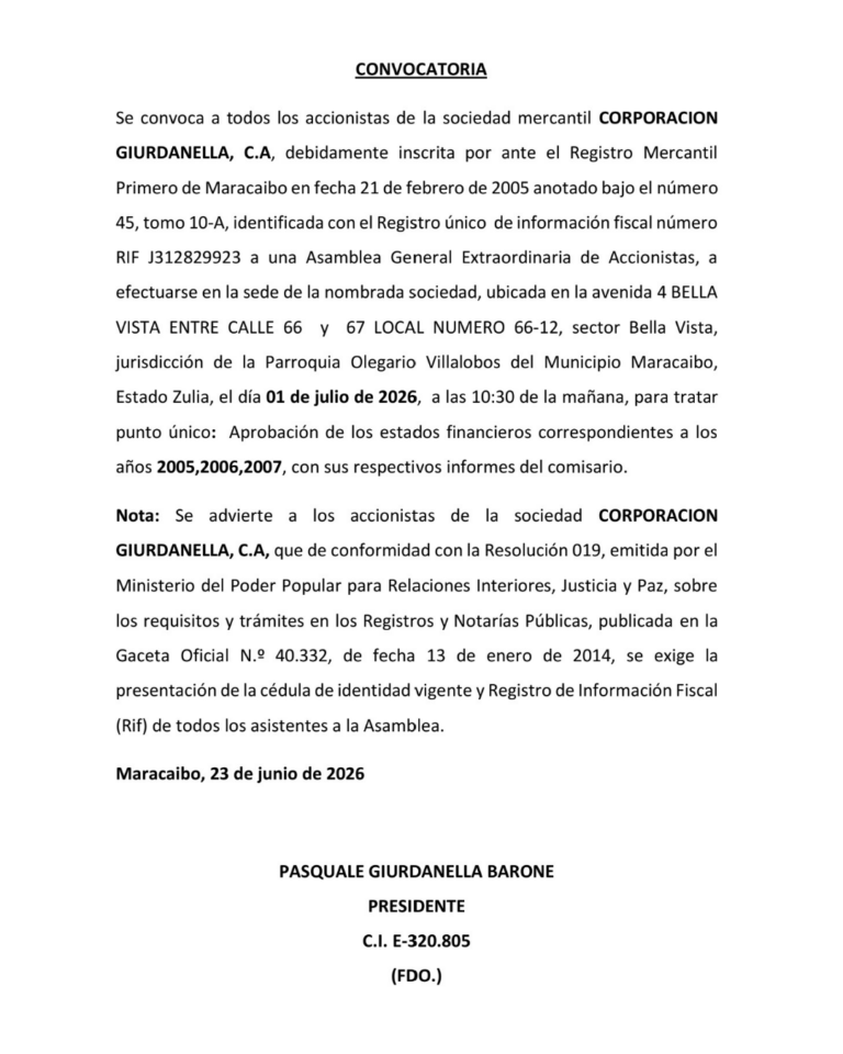 Convocatoria Asamblea General Extraordinaria de Accionistas Corporación Giurdanella, C.A