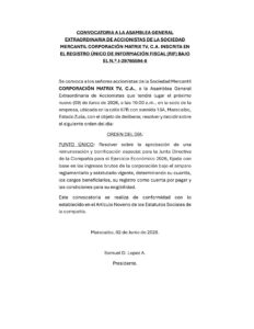 Convocatoria Asamblea General Extraordinaria de Accionistas Corporación Matrix TV, C.A