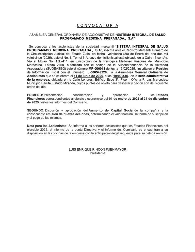 Convocatoria Asamblea General Ordinaria de Accionistas Sistema Integral de salud Programado Medicina Prepagada, S.A