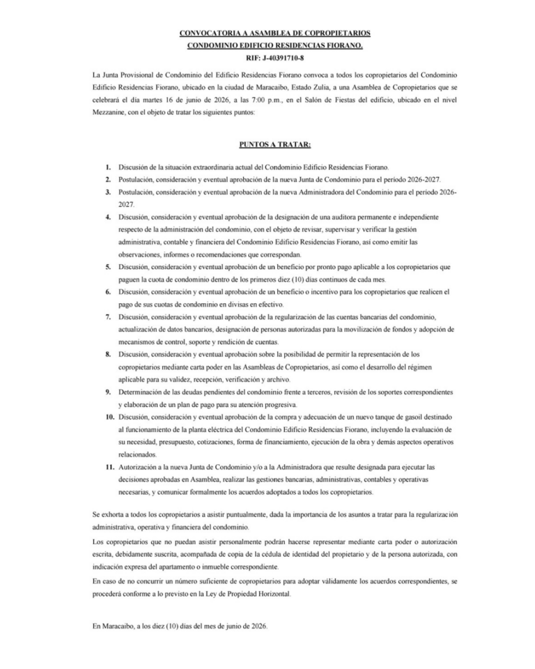 Convocatoria Asamblea de Copropietarios Condominio Edificio Residencias Fiorano