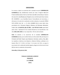Convocatoria Asamblea General Extraordinaria de Accionistas Corporación Giurdanella, C.A