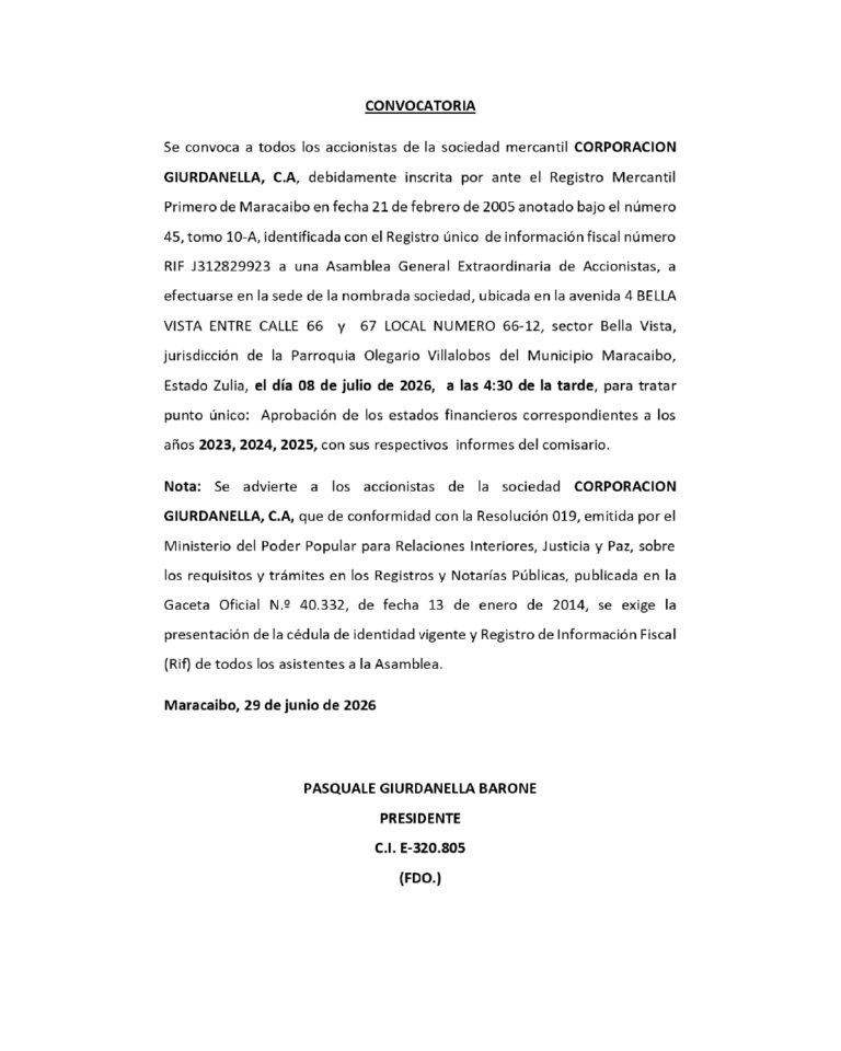 Convocatoria Asamblea General Extraordinaria de Accionistas Corporación Giurdanella, C.A