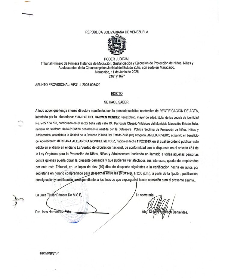 Edicto Asunto Provisional VP31-J-2026-003429