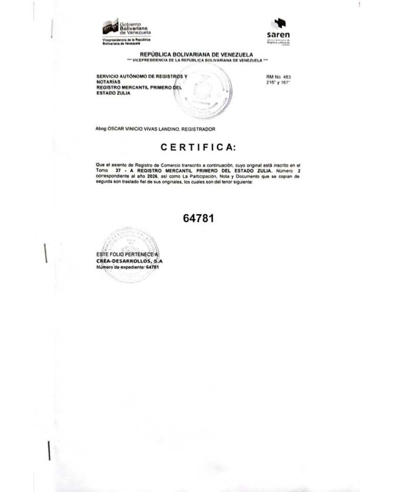 Registro Mercantil Crea-Desarrollos, S.A Expediente 64781