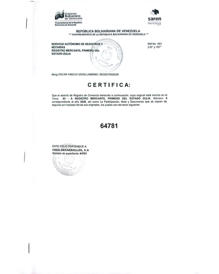 Registro Mercantil Crea-Desarrollos, SA Expediente Nro 64781