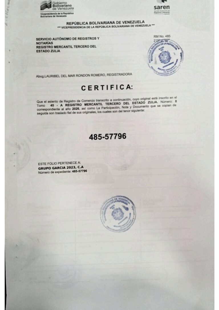 Registro Mercantil Grupo García 2023, C.A Expediente 485-57796