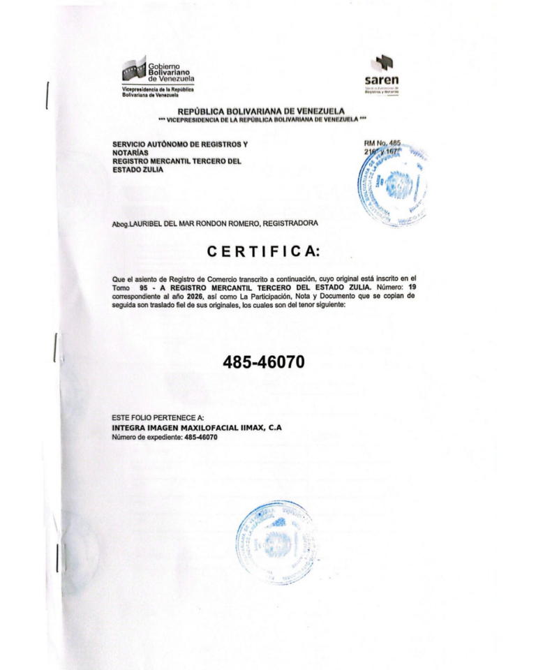 Registro Mercantil Integra Imagen Maxilofacial Iimax, CA Expediente Nro 485-46070