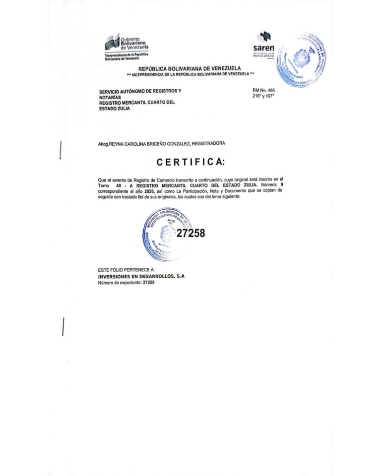 Registro Mercantil Inversiones en Desarrollos, S.A Expediente 27258