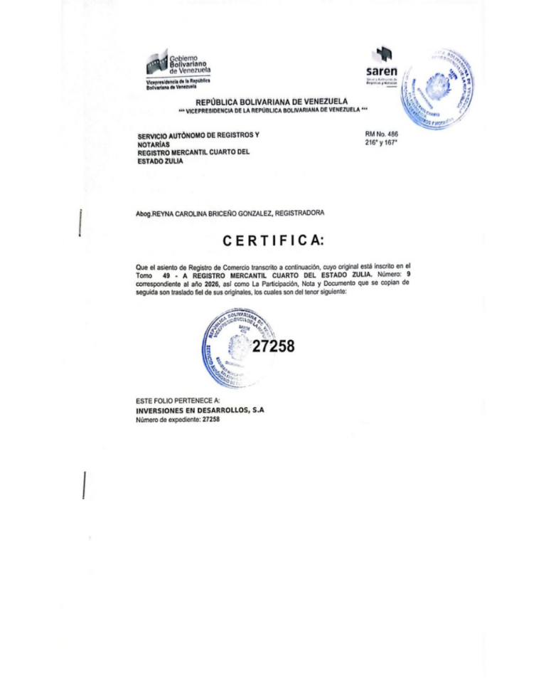 Registro Mercantil Inversiones en Desarrollos, SA Expediente Nro 27258