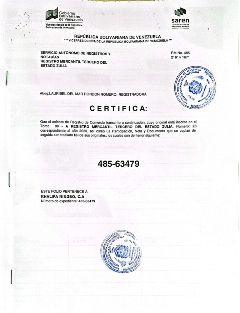 Registro Mercantil Khalifa Ningbo, C.A Expediente Nro 485-63479