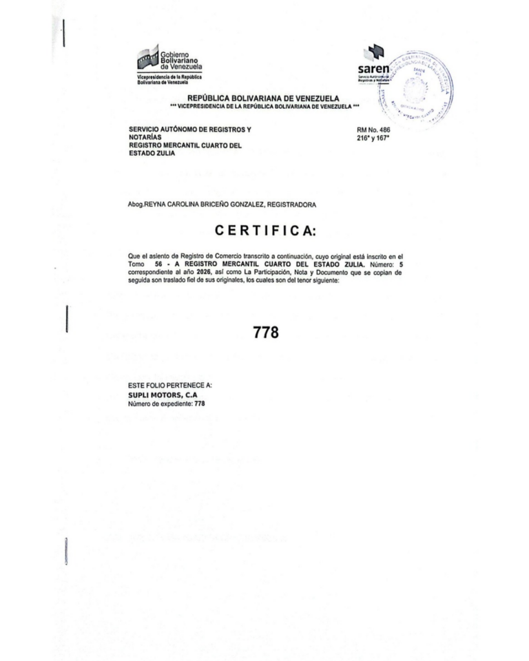 Registro Mercantil Supli Motors, C.A Expediente Nro 778