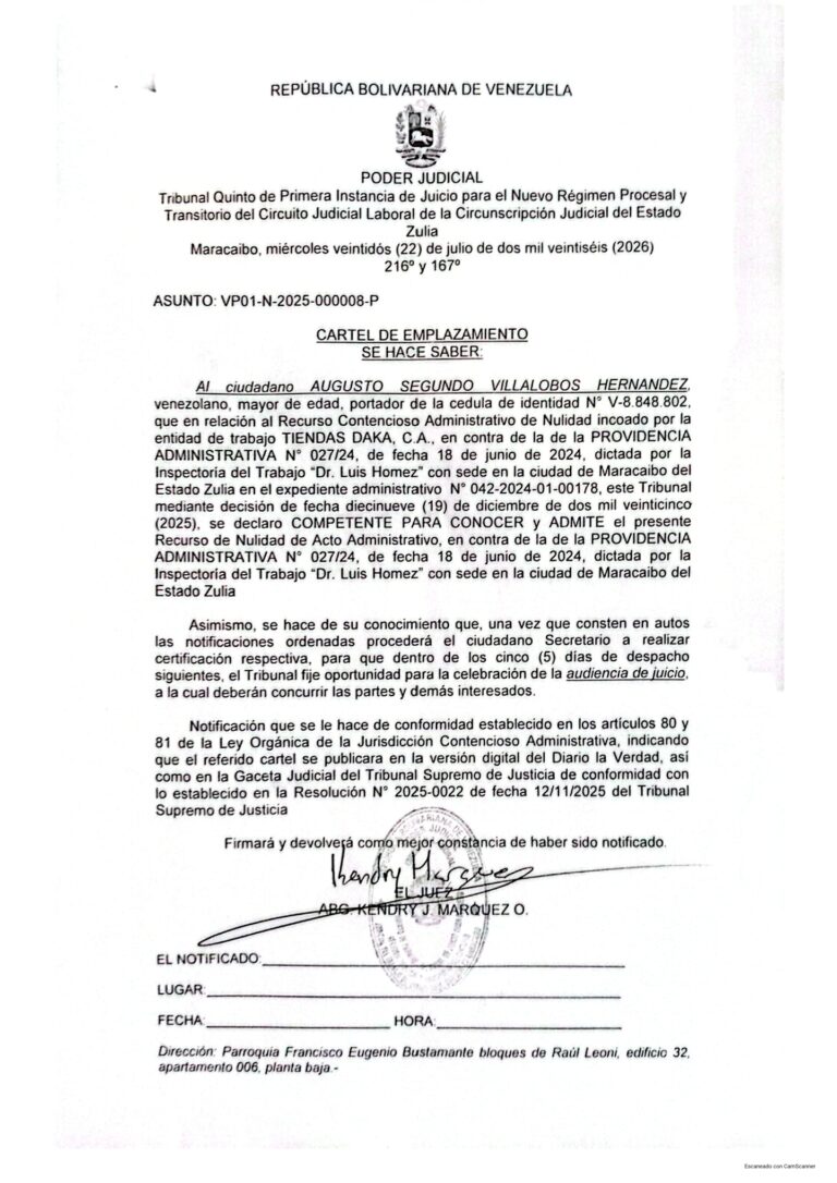 Cartel de Emplazamiento Asunto VP01-N-2025-000008-P