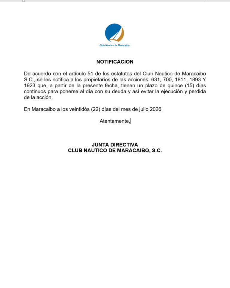 Cartel de Notificación Club Náutico de Maracaibo