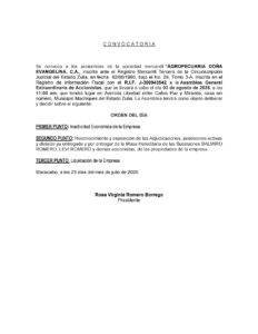 Convocatoria Asamblea General Extraordinaria de Accionistas Agropecuaria Doña Evangelina, C.A