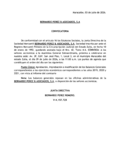Convocatoria Asamblea General Extraordinaria de Accionistas Bernardo Pérez & Asociados, S.A