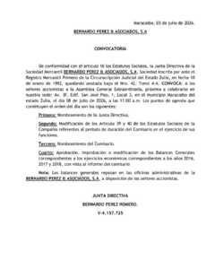 Convocatoria Asamblea General Extraordinaria de Accionistas Bernardo Pérez & Asociados, S.A