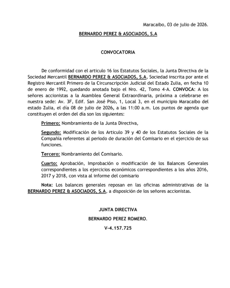 Convocatoria Asamblea General Extraordinaria de Accionistas Bernardo Pérez & Asociados, S.A
