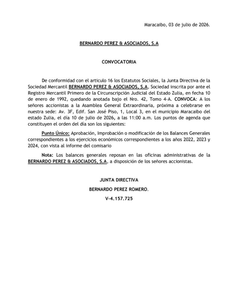 Convocatoria Asamblea General Extraordinaria de Accionistas Bernardo Pérez & Asociados, S.A