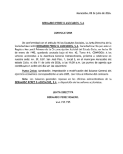 Convocatoria Asamblea General Extraordinaria de Accionistas Bernardo Pérez & Asociados, S.A