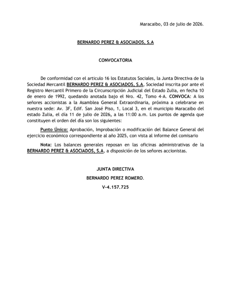 Convocatoria Asamblea General Extraordinaria de Accionistas Bernardo Pérez & Asociados, S.A