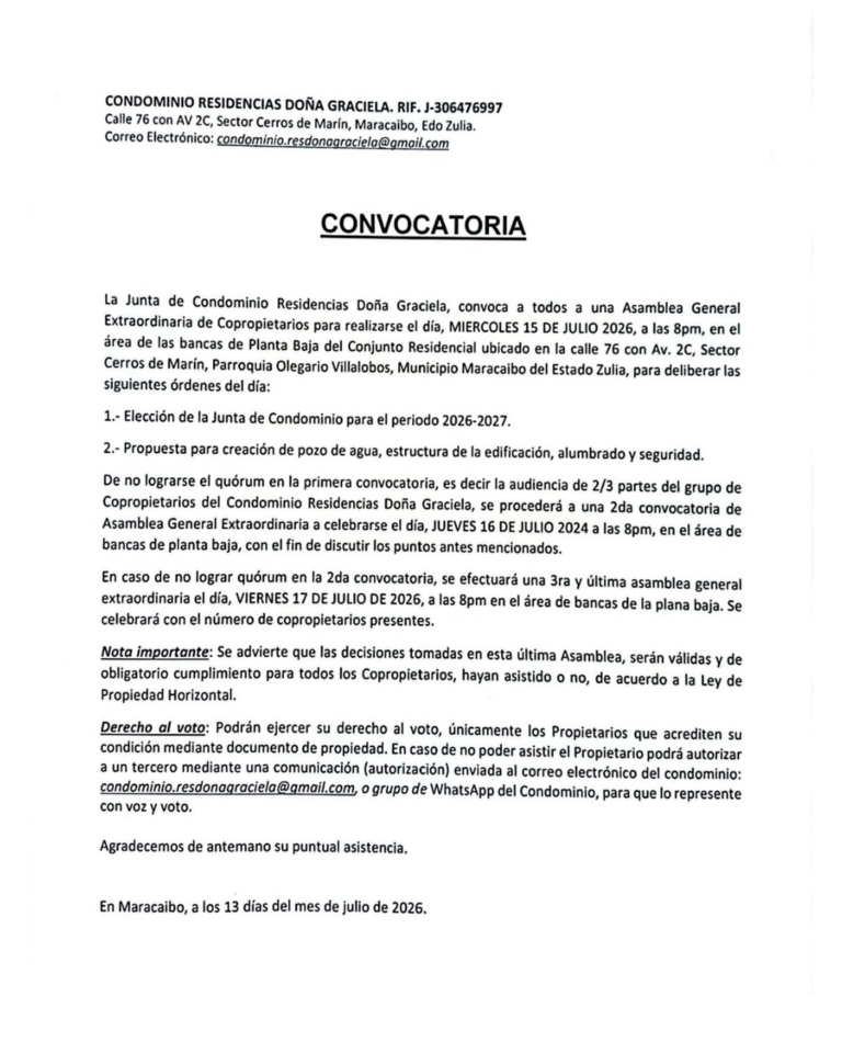 Convocatoria Asamblea General Extraordinaria de Copropietarios Condominio Residencias Doña Graciela