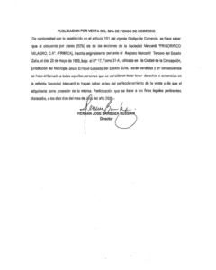 Publicación por Venta del 50% de Fondo de Comercio Frigorífico Milagro, C.A