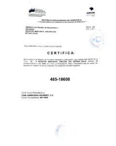 Registro Mercantil Cow Carnicería Gourmet, C.A Expediente Nro 485-18608