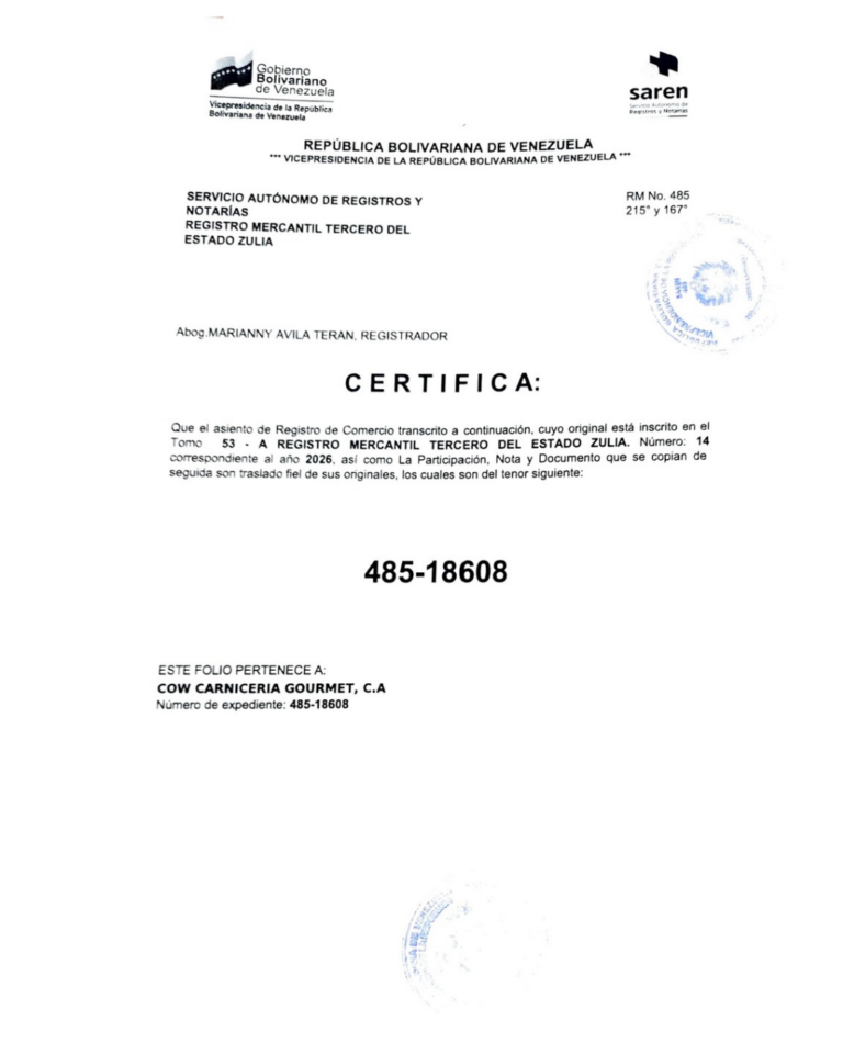 Registro Mercantil Cow Carnicería Gourmet, C.A Expediente Nro 485-18608