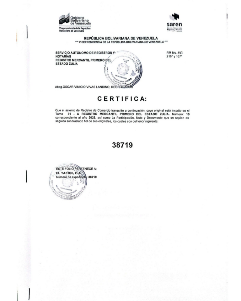 Registro Mercantil El Tacón, C.A Expediente Nro 38719