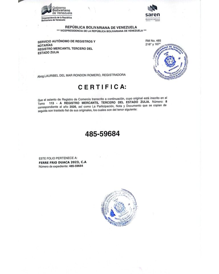 Registro Mercantil Ferre Frío Duaca 2023, C.A Expediente Nro 485-59684